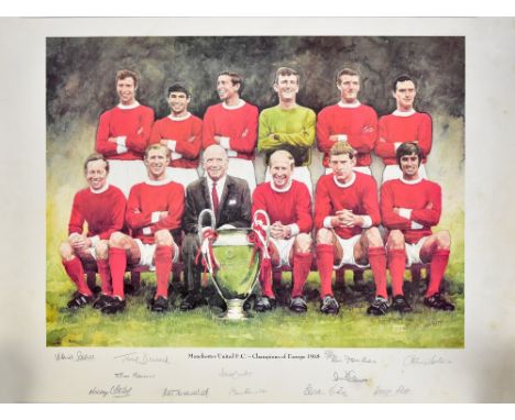 MANCHESTER UNITED; a limited edition print depicting Sir Matt Busby and the 1968 European Cup Final winning team with signatu