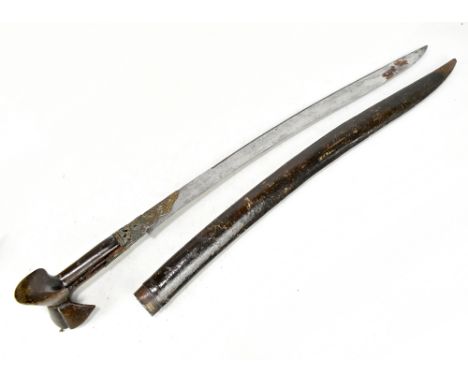 A yatagan, probably Ottoman Empire, with pierced brass detail and horn hilt in leather scabbard, length of blade 61cm (af).Ad