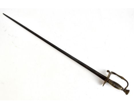 A 19th century court sword with simple wooden grip, heart shaped guard and floral engraved pierced mount, length of blade 81c