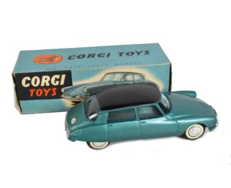 CORGI; a boxed 210 Citroen D.S. 19 in metallic turquoise and black, with booklet.Additional InformationModel lightly playworn