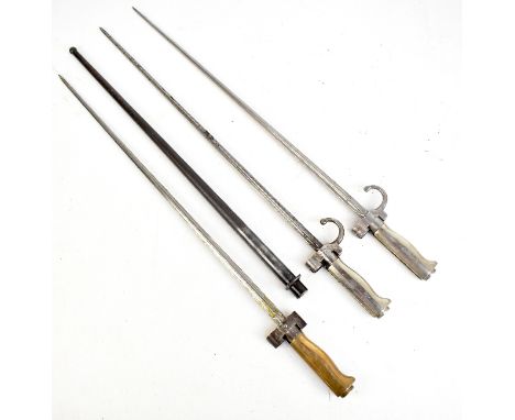 Three early 20th century bayonets comprising a French Model 1886 Lable example with brass handle and matching scabbard no. 78