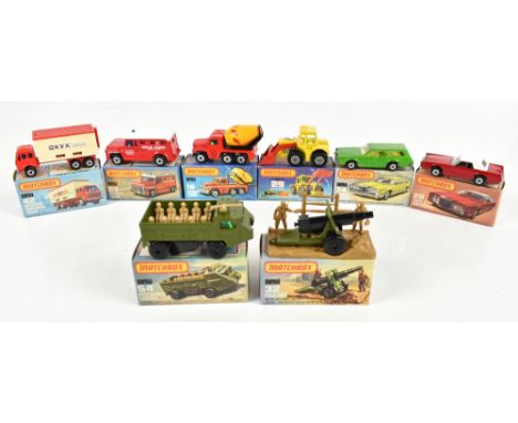 MATCHBOX; eight boxed 75 Series models comprising 19 Cement Truck, 28 Lincoln, 29 Tractor Shovel, 32 Field Gun with Base and 