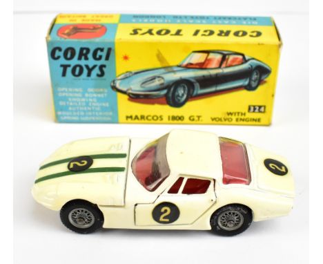 CORGI; a boxed 324 Marcos 1800 G.T. with Volvo engine in white/cream with green stripes to bonnet.Additional InformationModel