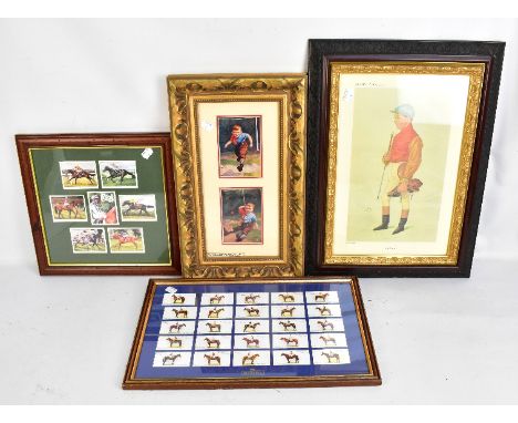 Two horse racing themed collages of cigarette and collectors' cards, a Vanity Fair jockey print, and two Edwardian postcards 