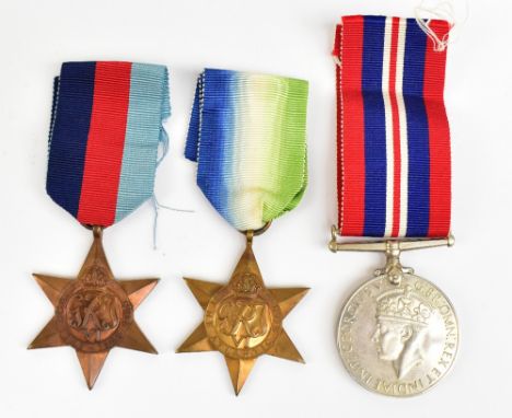 A WWII medal group of three comprising War Medal, Atlantic and 1939-1945 Stars in box of issue, awarded to Richard Stanley We