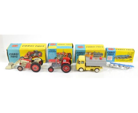 CORGI; a 53 Massey-Ferguson 65 Tractor with shovel, 61 Four-Furrow plough (with instructions), 66 Massey-Ferguson 165 Tractor