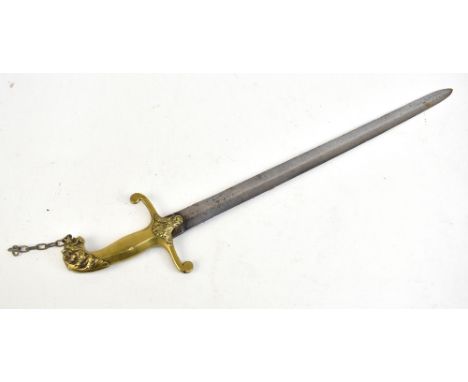 A 19th century short sword (probably naval), the brass hilt with cast foliate detail and lion head pommel, length of blade 52