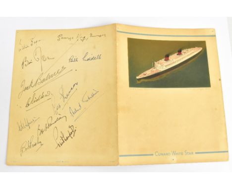 LIVERPOOL FC INTEREST; a rare Cunard White Star farewell dinner menu from the R.M.S Queen Elizabeth with various autographs o