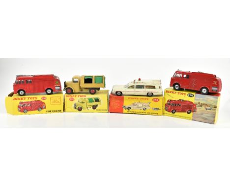 DINKY; a 252 Refuse Wagon, 259 Fire Engine with decals, 263 Superior Criterion Ambulance and 276 Airport Fire Tender with fla