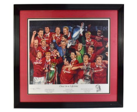 MANCHESTER UNITED; a Geoffrey T Wood pencil signed print, 'Once in a Lifetime', depicting the treble winning season of 1998-1