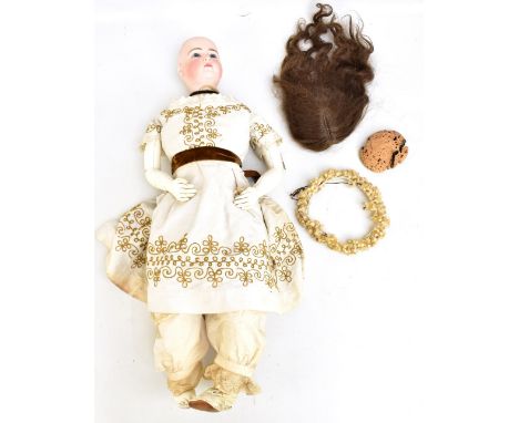 JUMEAU; a good late 19th century French portrait doll, circa 1880, the bisque head with brunette hair wig (that and cork line