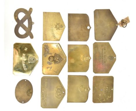Ten brass regimental bed plates including Queen's Royal, Black Watch, Sherwood Forester's, Durham Light Inventory, Royal Iris