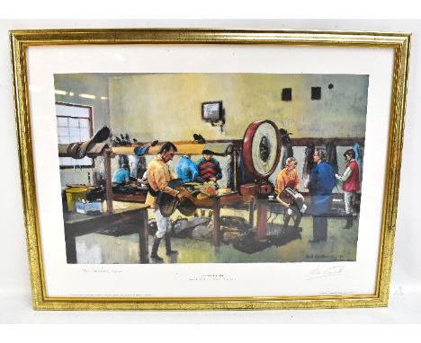 RACING INTEREST; a limited edition coloured print, 'Lester Piggott Newmarket The Weighing Room on the Rowley Mile', signed by