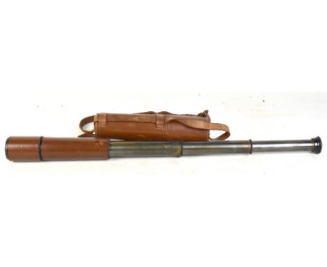 HCR &amp; SON; a military issue three draw telescope with stitched leather body and case, inscribed 'Hele. Sct. Regts. Ct. Re