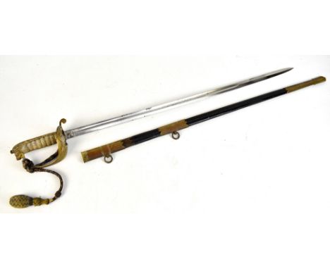 An Edward VII naval dress sword with wire-work shagreen grip, hinged knuckle guard, lion's head pommel, engraved blade, wire-