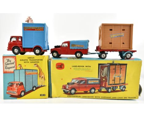 CORGI; a Gift Set No.19 Chipperfields Land Rover with Elephant and Cage on Trailer and a 503 Circus Giraffe Transporter with 