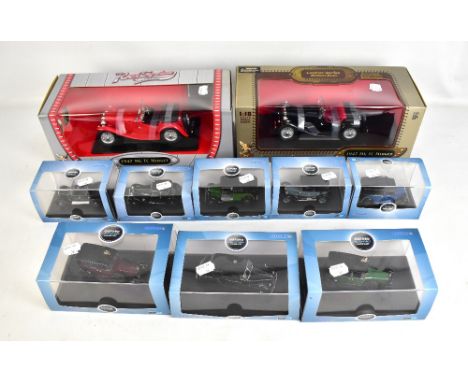 Ten boxed model cars comprising 1:18 scale Road Signature Collection 1947 MG TC Midget and Leather Series 1947 MG TC Midget b