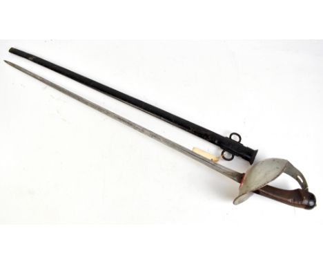 A British 1908 Pattern cavalry sword with large solid guard, leather grip and blade dated '08, with various markings includin