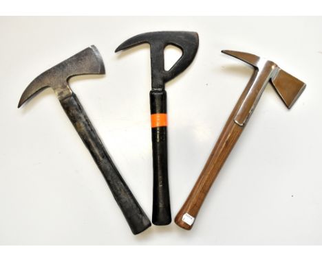 Two WWII period aircraft escape hatchets, length of largest example 40cm, and a fireman's axe with steel blade, length 38cm (