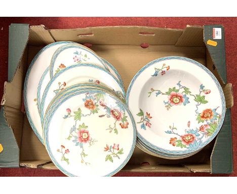 A collection of Worcester dinnerwares, each painted with chrysanthemums within geometric border and gilt rim, to include soup