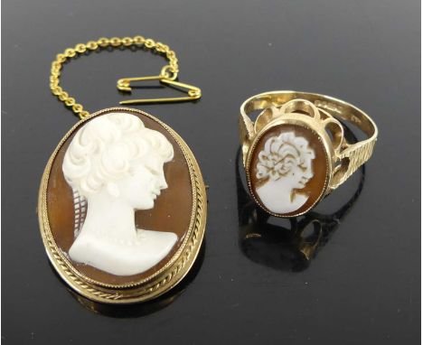 A lady's 9ct gold carved shell cameo inset ring, 3.2g, size S; together with a carved shell cameo brooch in 9ct gold mount, w