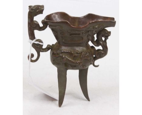 A reproduction Chinese verdigris metal tripod censer, h.13.5cm 