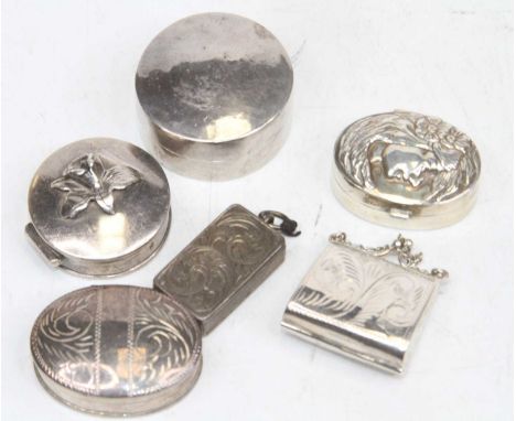 A collection of six silver and white metal pill and patch boxes