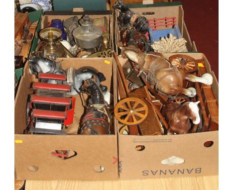 Miscellaneous items to include Melba type pottery horses, brass oil lamp, metalware etc 
