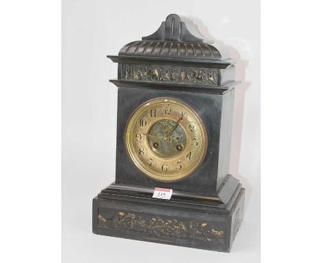 A 19th century French black slate mantel clock, of architectural form, having inset parcel-gilt spelter frieze decorated with