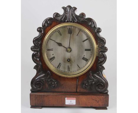 A William IV rosewood cased mantel clock, the silvered dial with Roman numeral markers and single winding hole for a fusee mo