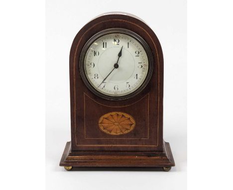 An Edwardian mahogany and boxwood inlaid dome topped mantel clock, the enamelled dial showing  Arabic markers and outer minut