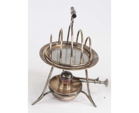 An unusual Asprey &amp; Co silver plated toast rack, with spirit burner and hot plate, h.18cm 