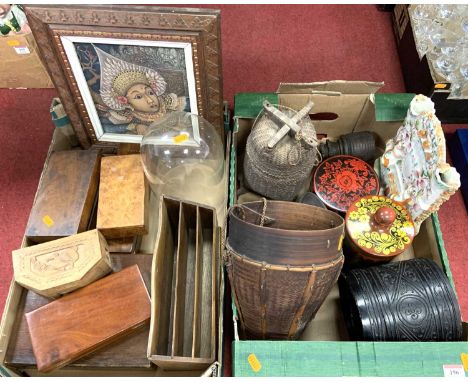 A collection of boxes, to include a burr walnut table box, of hinged rectangular form, w.17cm; a 19th century mahogany twin c