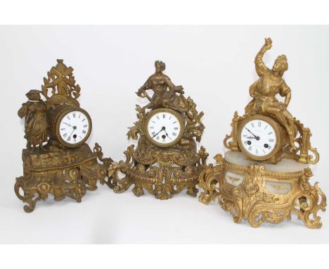 An early 20th century French spelter figural mantel clock, the enamelled dial having Roman numeral markers and single winding