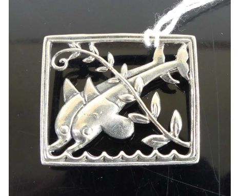 An Art Deco style sterling silver brooch, fashioned in dolphins within a square frame, w.33mm