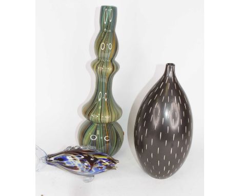 A 20th century art glass vase, having multicoloured striped decoration, h.45cm; together with a pottery vase; and a studio gl