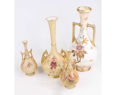 A Royal Worcester blush ivory vase, decorated with flowers, puce mark to the underside, h.25cm; together with a similar pair 