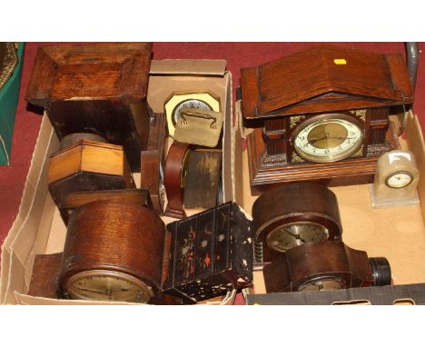 Two boxes of vintage clocks, to include a 1920s oak Nelson's hat eight-day mantel clock with chimes 