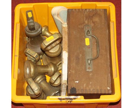 A collection of Victorian brass weights, together with a vintage barograph 