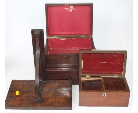 A 19th century rosewood twin compartment tea caddy, w.20cm; together with a 19th century mahogany needlework box; one other; 