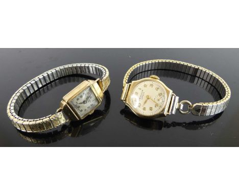 A lady's Art Deco JW Benson 9ct gold cased manual wind wristwatch, on later expanding link bracelet, case w.14mm; together wi