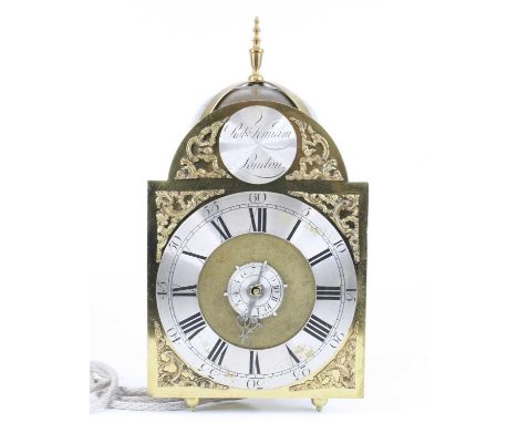 Robert Hynam of London - a mid-18th century brass lantern clock, with alarm, having an 8" arched brass dial with signed silve