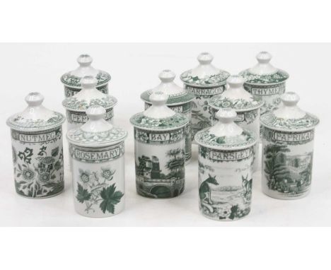 A collection of Spode Archive green and white transfer decorated jars, each h.12cm 