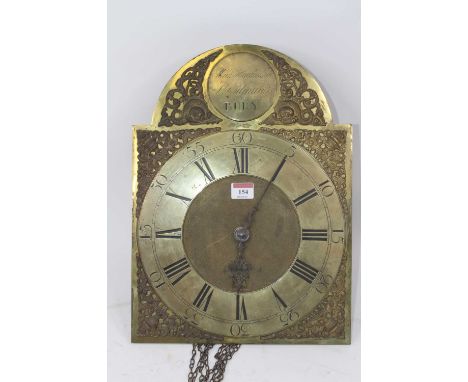 Mark Hawkins Jnr of Bury St Edmunds - a brass longcase clock dial and movement, the 12" arched brass dial signed to a disc to