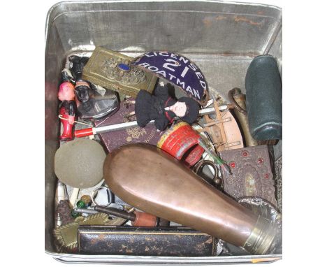 Miscellaneous items to include a copper powder flask, enamel badge, scales, toys etc 