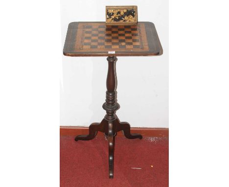 A Victorian amboyna, maple and ebonised tripod chess board occasional table, 45 x 37cm; together with a Chad Valley chess set