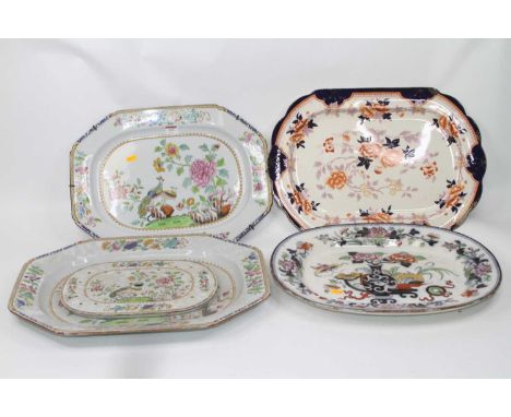 A 19th century Spode ironstone meat plate in the Peacock &amp; Peony pattern, of canted rectangular shape, w.53cm; together w