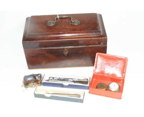 A George III mahogany tea caddy containing a Victorian silver propelling pencil, having engine turned decoration, maker Samps