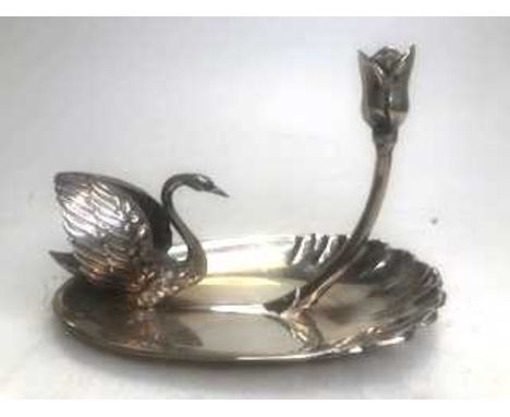 A continental white metal candlestick, the handle in the form of a swan, on shell shaped base, 5.3ozt