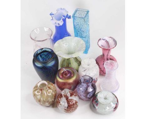 A collection of coloured and opalescent glass vases, to include Mdina and Caithness 